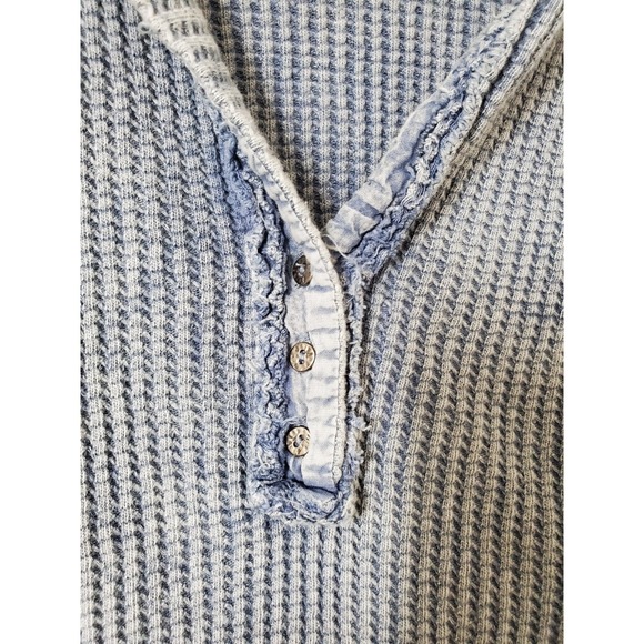Free People FP One Colt Thermal Top Blue Waffle Knit Henley Medium Distressed - Picture 3 of 13